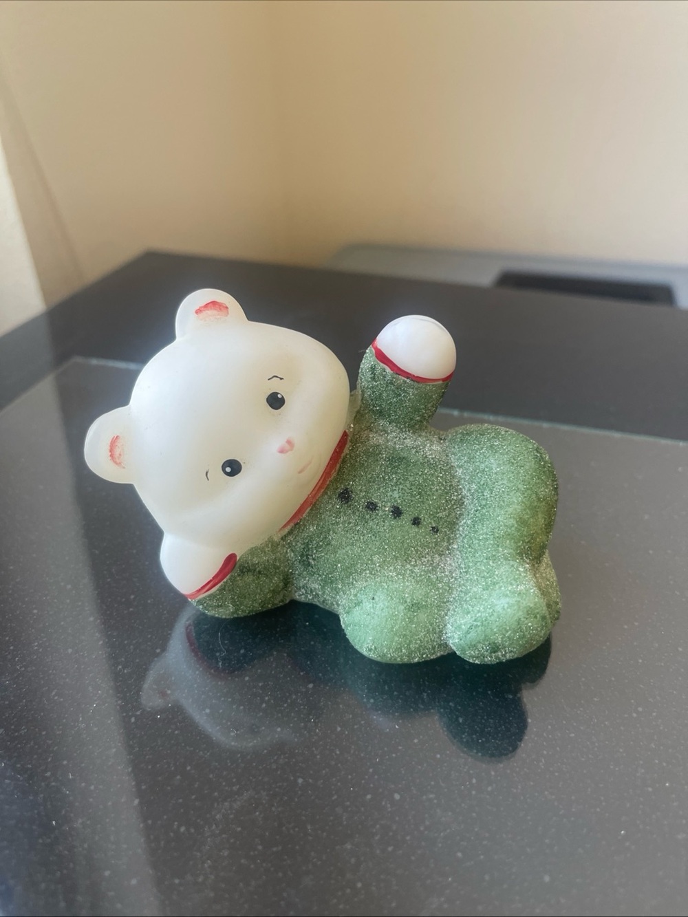 Vintage Fenton glass teddy Bear Figurine in Green and White pajamas